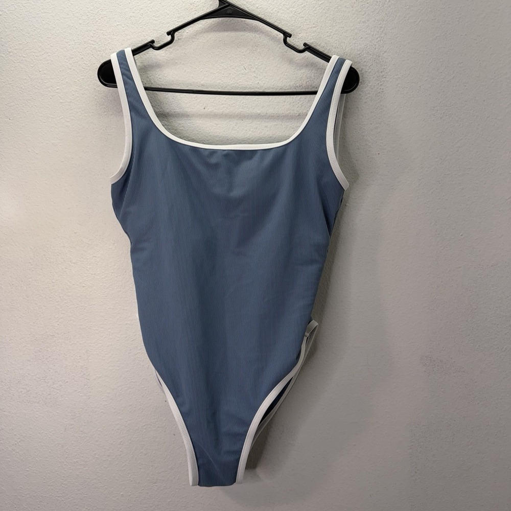 Lain Snow Ocean Isle One Piece Swimsuit SZ L Blue Ribbed Square Neck Cheeky